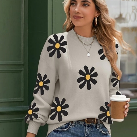 ZEAGOO WOMEN'S FLOWER SWEATER OATMEAL LONG SLEEVE BLACK YELLOW SIZE MEDIUM NWT - Picture 3 of 10